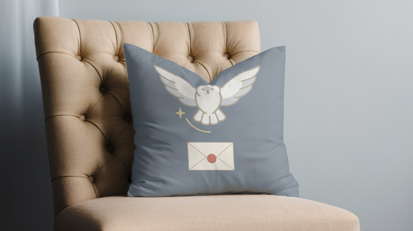 Messenger in Flight Throw Pillow – Snowy Owl with Letter – Wizard Nursery & Room Decor