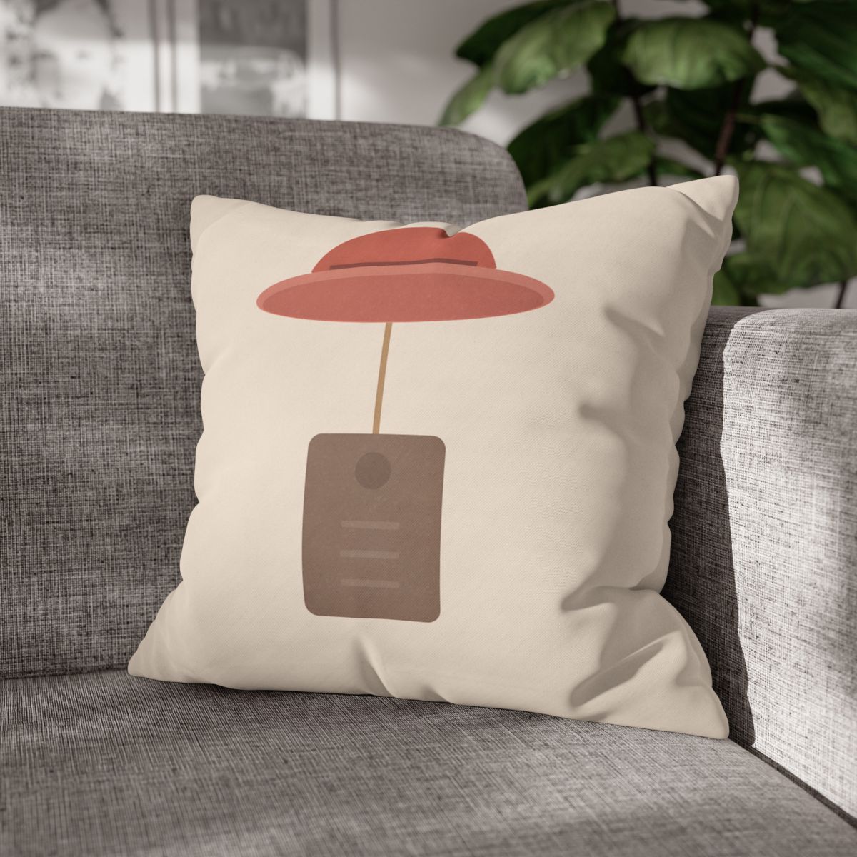 The Hat & Tag Throw Pillow – Minimalist Bear Theme – Beige Nursery Decor 20" × 20"