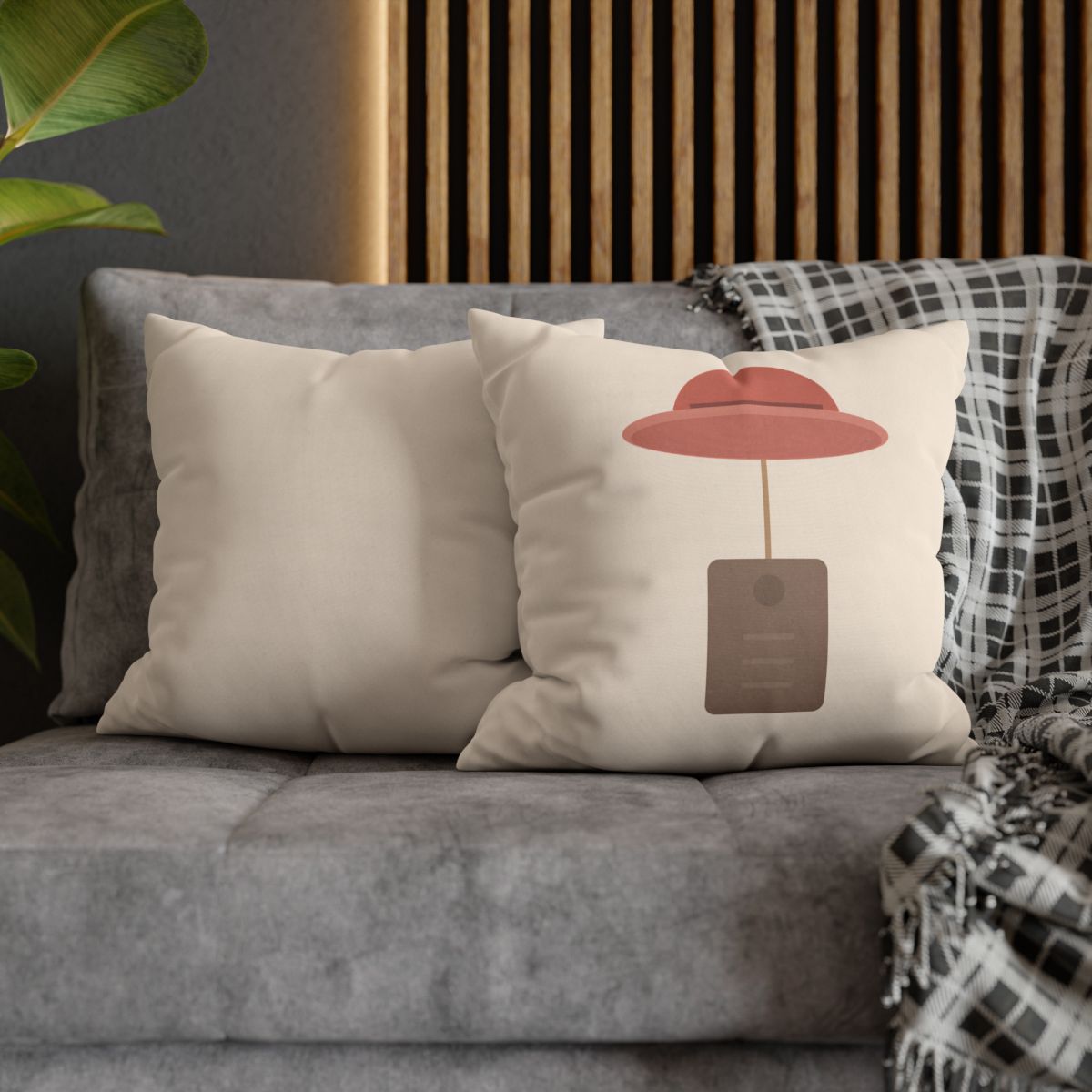 The Hat & Tag Throw Pillow – Minimalist Bear Theme – Beige Nursery Decor