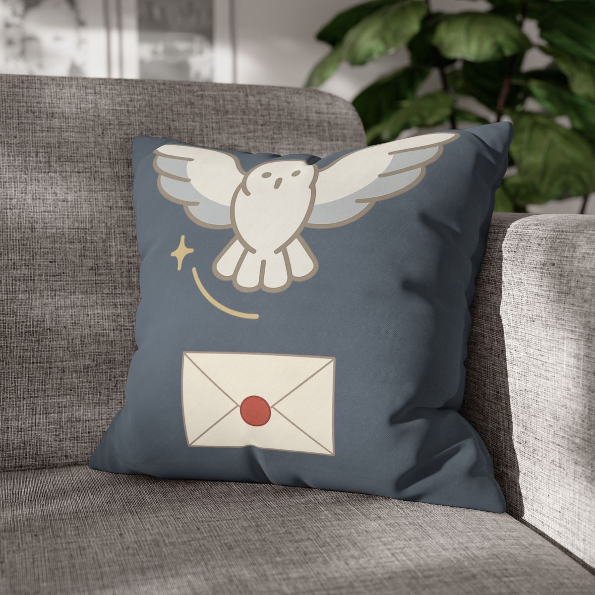 Messenger in Flight Throw Pillow – Snowy Owl with Letter – Wizard Nursery & Room Decor 20" × 20"