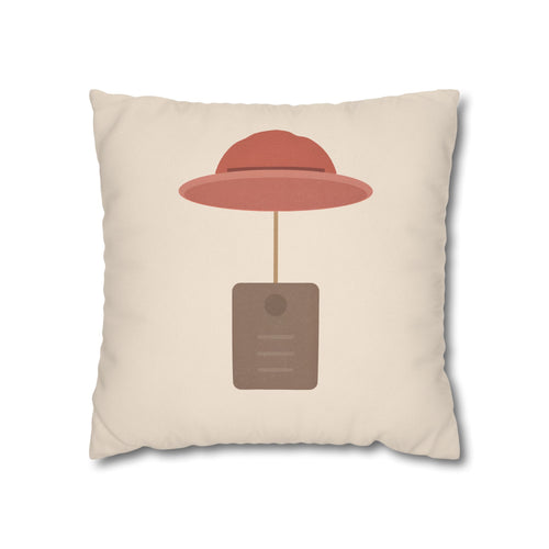 The Hat & Tag Throw Pillow – Minimalist Bear Theme – Beige Nursery Decor 18" × 18"