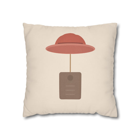 The Hat & Tag Throw Pillow – Minimalist Bear Theme – Beige Nursery Decor 18" × 18"