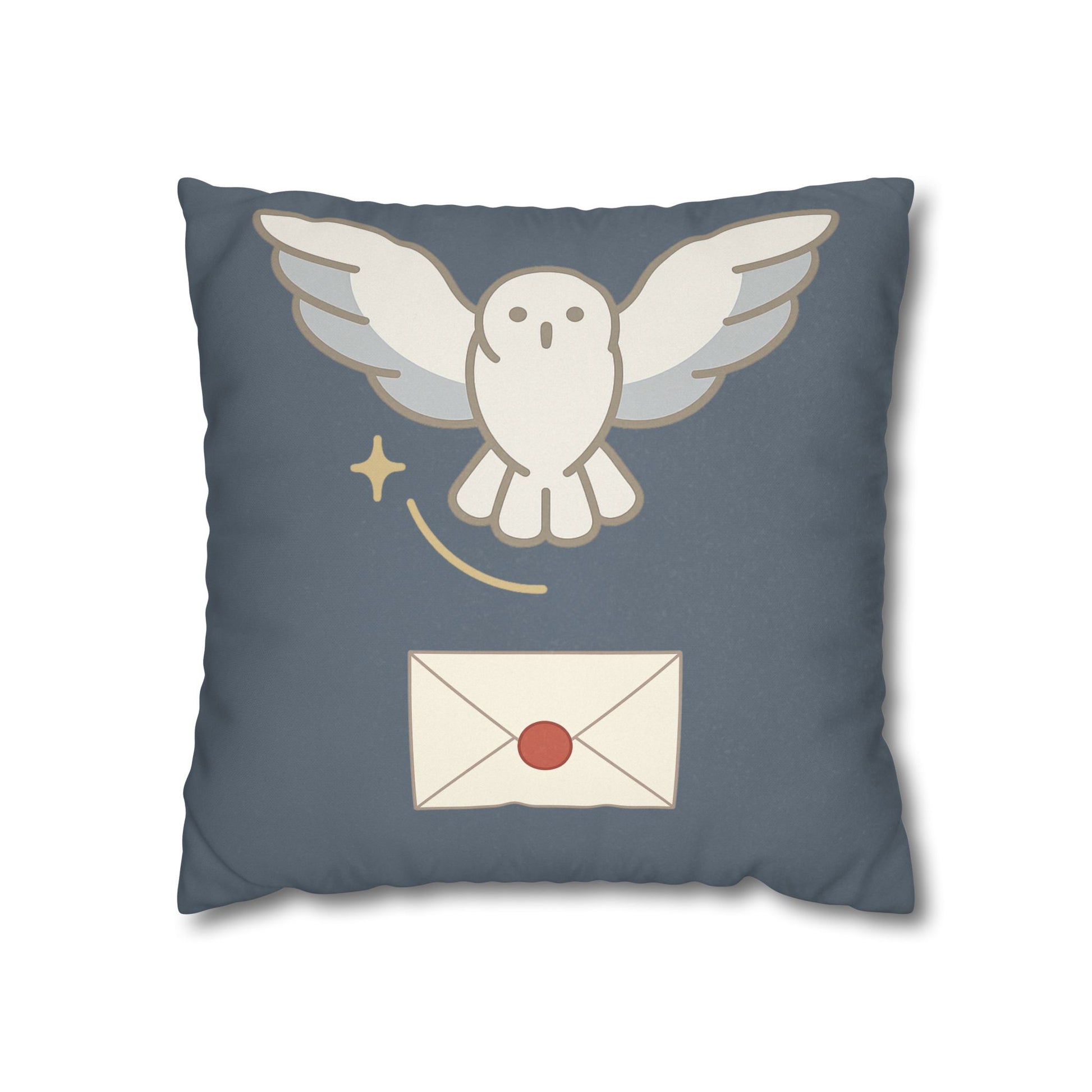 Messenger in Flight Throw Pillow – Snowy Owl with Letter – Wizard Nursery & Room Decor 18" × 18"