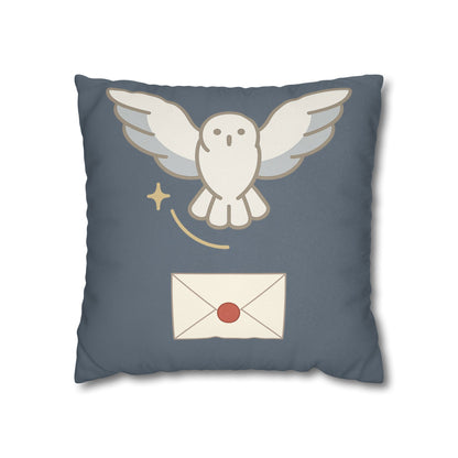 Messenger in Flight Throw Pillow – Snowy Owl with Letter – Wizard Nursery & Room Decor 18" × 18"