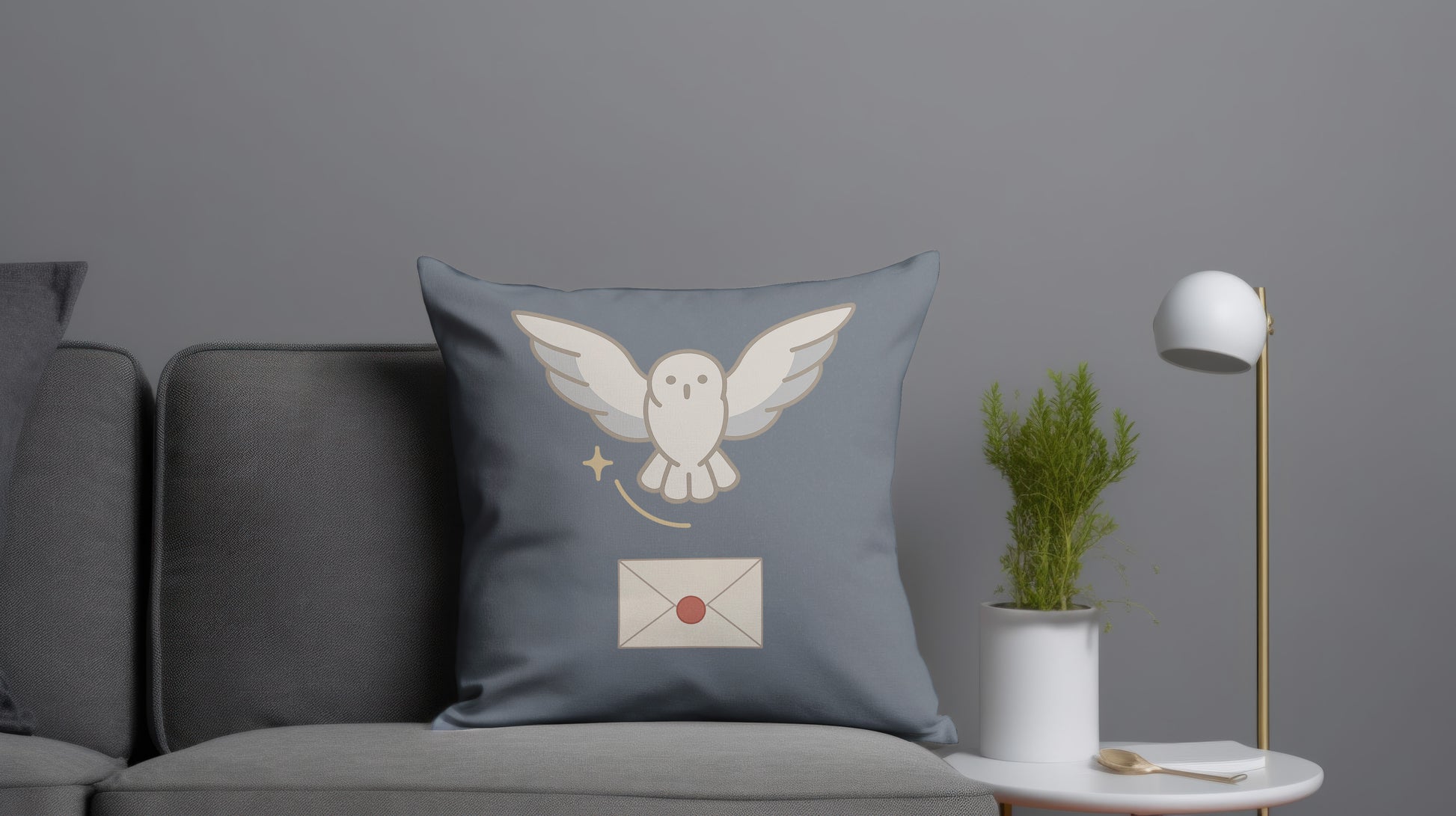 Messenger in Flight Throw Pillow – Snowy Owl with Letter – Wizard Nursery & Room Decor
