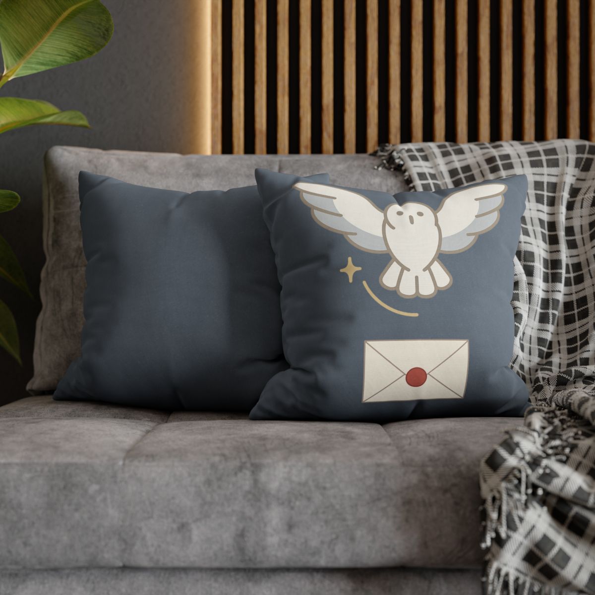Messenger in Flight Throw Pillow – Snowy Owl with Letter – Wizard Nursery & Room Decor